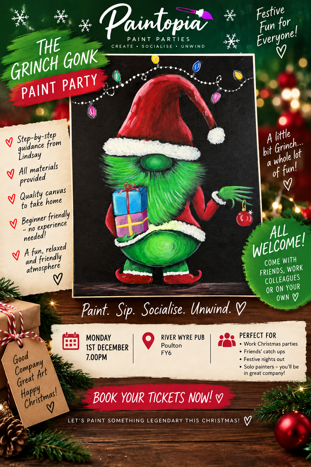 Christmas Paint Party, Tues 1st Dec, 7pm til late, River Wyre, Poulton